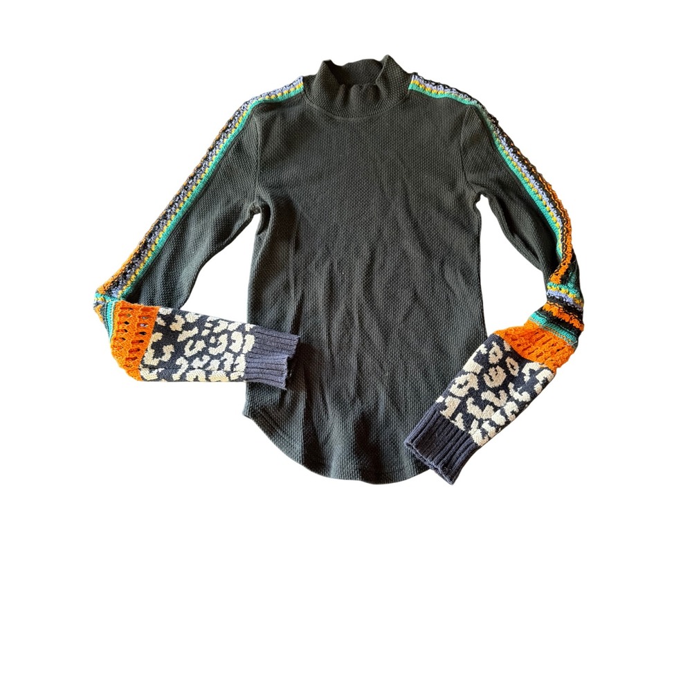 Free People Thermal Black Crochet Leopard Cuff Mock Neck Waffle Knit Top XS